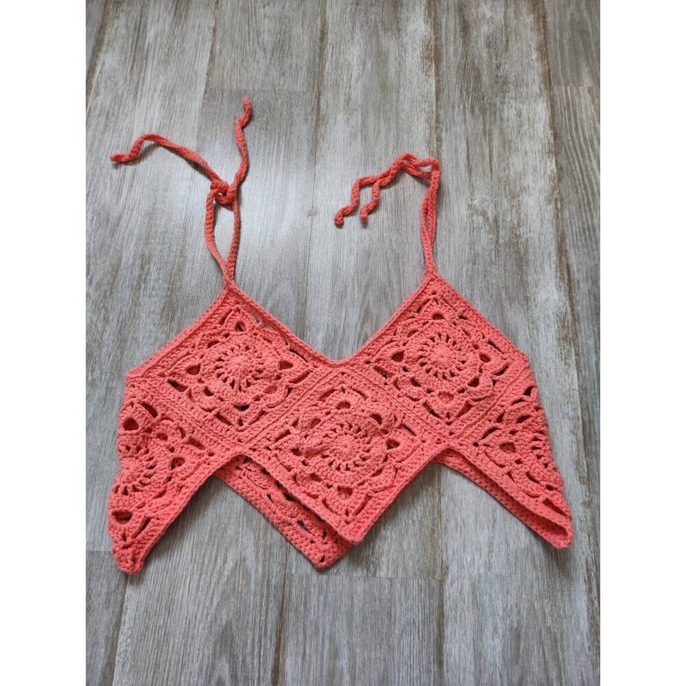 Handmade Crochet Fishtail Crop Top Bubblegum Pink Boho Festival Hippie Knit Sz M - Picture 7 of 7